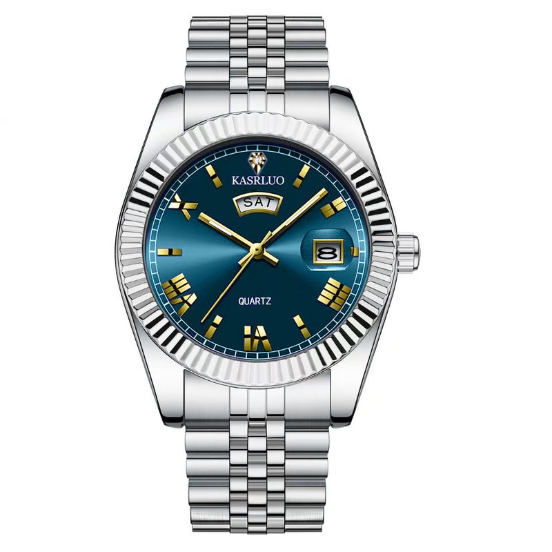 ساعة رجال كلاسيكية للأعمال ساعة رجال عصرية مضيئة ساعة كوارتز بتقويم مزدوج بسوار فولاذي - Image 1